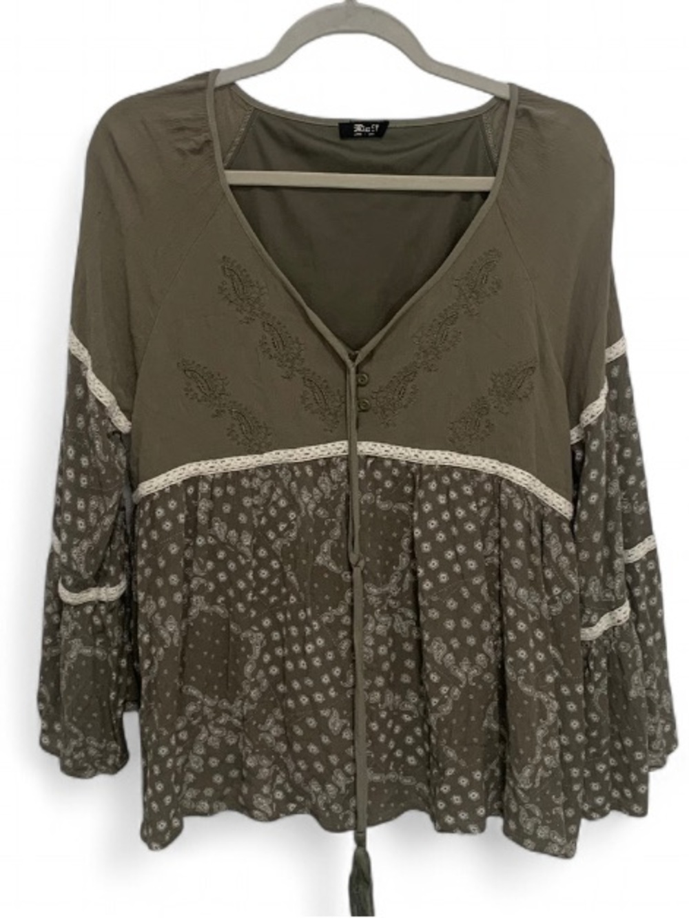 Miss Me Olive Green Embroidered Peasant Tunic